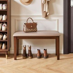 Solid Wood Bench with Tech Fabric Cushion, Farmhouse Stool for Dining Entryway