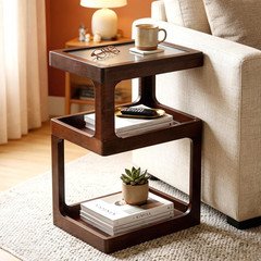 Solid Wood Side Table for Living Room, Narrow 3-Tier End Table with Fluted Acryl