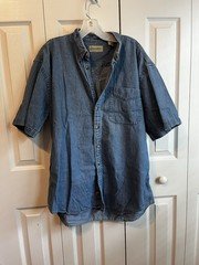 St. John's Bay Men's Solid Denim Cotton Button-Down Shirt Blue Short Sleeve L