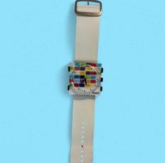 S.T.A.M.P.S. Quartz Analog Wristwatch Square Black Case White Leather Strap