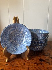 Stangl Town & Country Blue Bowls 5.5" Set of 6 Spongeware Hand Painted Vintage
