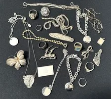 This is a picture showing Estate Lot of Vintage & Antique Sterling Silver Jewelry, 226 Grams, All Marked!!
