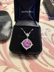 Sterling Silver 925 Rope Chain Necklace w/ Pink Round Diamond Halo Pendant