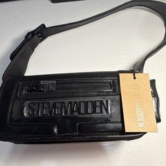 Steve Madden Black Logo Zip Shoulder Bag, Small, Adjustable Detachable Strap