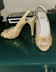 Stuart Weitzman Women's Beige Patent Leather Slingback Peep Toe Buckle US 9.5 M