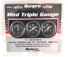 Sun Pro Mini Triple Gauge Pack Resto Hot Rod Muscle Car Black 1.5" Water Oil Amp