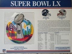 Super Bowl 60 Official Willabee and Ward Patch Panel/Stats Seahawks vs. Patriots