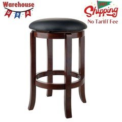 Swivel Seat Counter Stool, Cushioned Black Faux Leather Seat, Black and Walnut