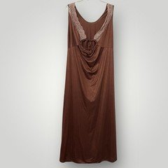 Texsheen Vintage Full Length V-Neck Brown Sleeveless Nylon Womens L Nightgown