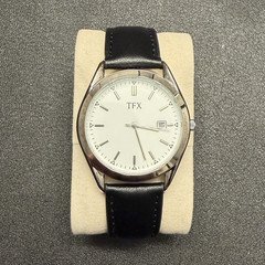 TFX Quartz Analog Date White Dial Silver Steel Case Black Leather Strap