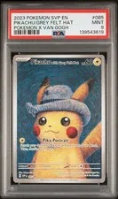 This is a picture showing 2023 POKEMON SVP POKEMON X VAN GOGH PROMO #085 PIKACHU WITH GREY FELT HAT PSA 9