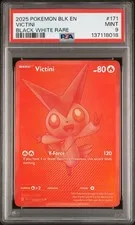 This is a picture showing 2025 POKEMON BLK EN-BLACK BOLT BLACK WHITE RARE #171 VICTINI PSA 9