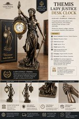 Themis Lady Justice Desk Clock Bronze Finish Legal Polystone Statue Gift Box