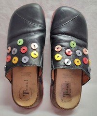 THINK! Black Women's Leather Cork Shoes Mules Colorful Buttons Cork 40/9 Vtg
