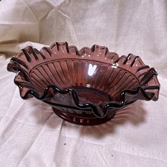 Tiara Plum Amethyst Glass Bowl, Ribbed Pattern, Ruffled Edge, Round Glossy