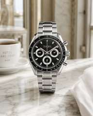 TÍVORÁ Veyron Argent Steel Onyx Dial – Custom Branded Automatic Chronograph Watc
