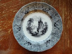 T.J.@J. MAYER 10 1/2" BLACK TRANSFER WARE CHARGER. 1850's. 'RHONE SCENERY'.