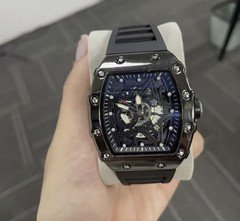 Tonneau Analog Wristwatch Black Skeleton Dial SS Case Black Rubber Strap
