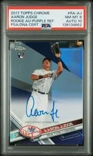 This is a picture showing 2017 TOPPS CHROME RC AUTO PURPLE REFRACTOR AARON JUDGE 80/250 PSA 8 AUTO 10