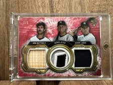 This is a picture showing  2020 Topps Triple Threads Historic Ties Relics Mattingly/Jeter/Judge 1/1🔥🔥🔥