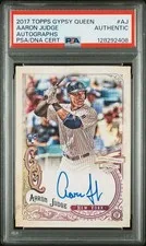 This is a picture showing 2017 Topps Gypsy Queen Aaron Judge Auto RC PSA AUTHENTIC JSCA-500