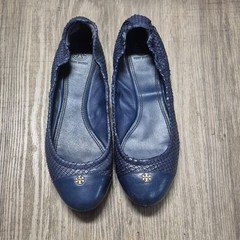 Tory Burch Blue Leather Ballet Flats Womens US 8 M Slip-On Round Toe Logo