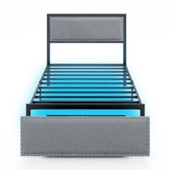 Twin Size Upholstered Bed Frame w/ LED Light Rolling Storage Drawer & Metal Slat