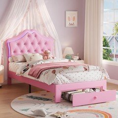 Twin Size Upholstered Bed Frame w/ Storage Drawer & LED Headboard for Kids/Girls