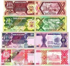 Uganda 5-50 Shillings 4 Pieces Set, 1987-1998, P-27-30, UNC