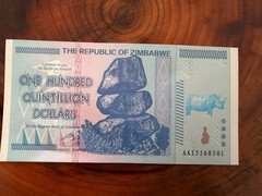 UNC-Zimbabwe One Hundred Quintillion Dollars Banknote World Paper