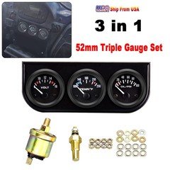 Universal 2'' 52mm Black Volt Water Oil Pressure Triple 3 Gauge Set Gauges Kit