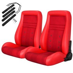 Universal Racing Seats Pair PVC Leather Reclinable Carbon Look Red