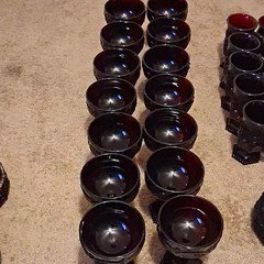Unmarked Red Glass Compote & Pedestal Bowl Set, Dessert Bowls Marked 2E
