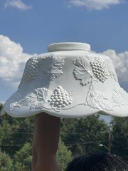 Unmarked White Milk Glass Raised Grape & Leaf Scalloped Rim Round Bowl