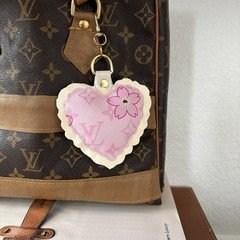 Upcycled LV Pink Cherry Blossom Heart Keychain/Handbag Charm