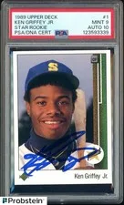 This is a picture showing 1989 Upper Deck Star Rookie #1 Ken Griffey Jr RC HOF PSA 9 PSA/DNA 10 AUTO