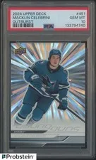 This is a picture showing 2024-25 Upper Deck Hockey Young Guns Outburst Macklin Celebrini RC Rookie PSA 10