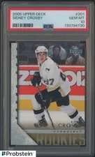 This is a picture showing 2005-06 Upper Deck Hockey Young Guns #201 Sidney Crosby RC Rookie PSA 10