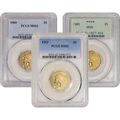 US Gold $5 Indian Head Half Eagle - PCGS MS62 - Random Date and Label