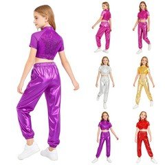 US Kids Girls Dance Outfit Mock Neck Short Sleeve Crop Top with Pants Danceweas