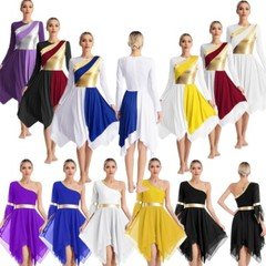 US Womens Long Sleeve Metallic Liturgical Praise Dance Dress Color Block Lyrical