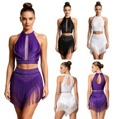 US YiZYiF Women Latin Crop Top Fringe with Tiered Skirt Outfit Competition Dance