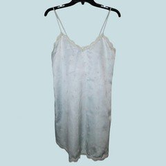 Val Mode Light Blue Floral Bow Pattern Lace Trim Satin Slip - Size Petite (XS)