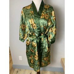 Vanity Fair Vintage 90s Green Floral Satin Robe Kimono Wrap Mid Length Medium