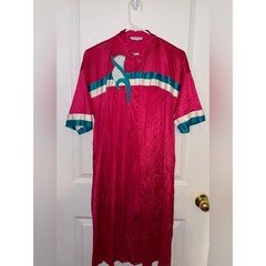 Vanity Fair Vtg Pink/Teal Satin Button Front PJ Robe and Nightgown Size Small