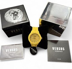 Versus Versace Analog Date Watch Yellow Silicone Strap Gold Dial w/ Box Papers