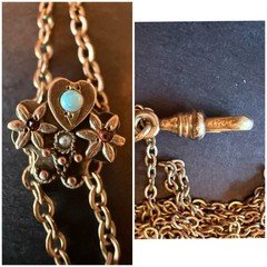 Victorian D&C ladies watch fob clip 23" chain Gold Fill opal ruby pearl slider