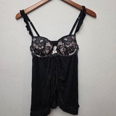 Victoria's Secret Black Lace Trim Peek-A-Boo Babydoll Chemise Lingerie 34B Y2K