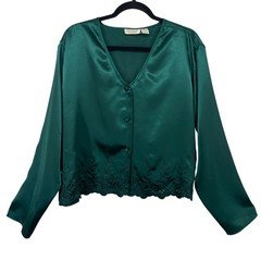 Victorias Secret Size L Vintage Gold Label Pajama Top Emerald Green Satin Eyelet