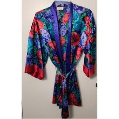 Victoria's Secret Vintage Gold Label Satin Kimono Robe Belt Floral Sm Med
